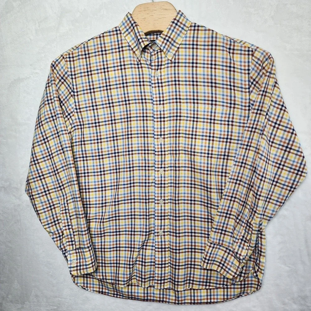 J Crew‎ Mens Blue Orange Check Plaid Lightweight  Long Sleeve Shirt Size L